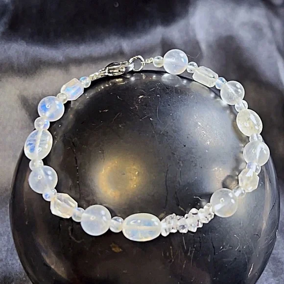 Hand Made Rainbow Moonstone Diamond Quartz Bracelet - Picture 2 of 3